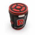 Pom Pon mini cylindrical hat with red and black circle patterns and a red letter R, placed on a black surface with keyboard in background